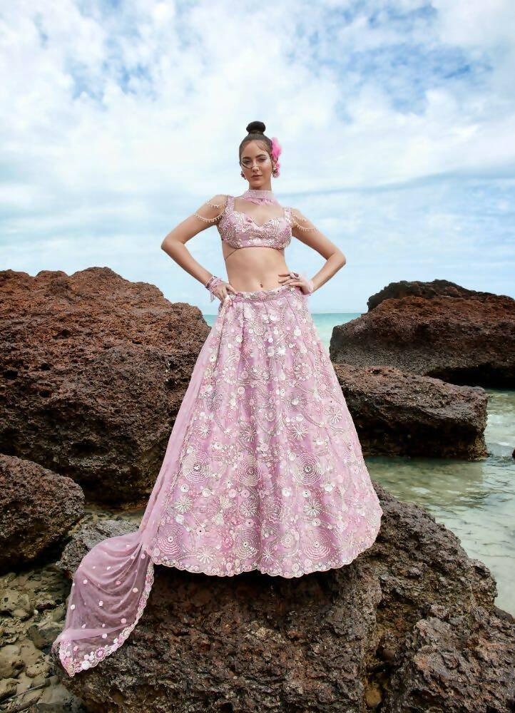 House of Panchhi Mauve Organza Sequins, Zarkan And Thread Embroidery Lehenga Choli & Dupatta