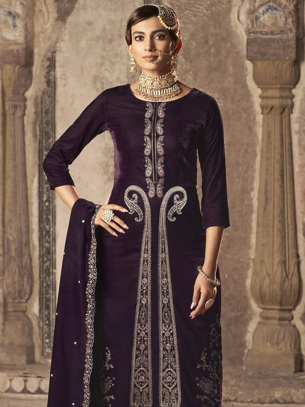 Jyoti Fashion Women's Wine Velvet Floral Resham Thread with Jari work Kurta with Trouser & Dupatta