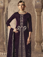 Jyoti Fashion Women's Wine Velvet Floral Resham Thread with Jari work Kurta with Trouser & Dupatta