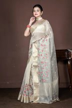 Morchari Beige Banarasi Tissue Computer Embroidery Saree Unstitched Blouse - Distacart