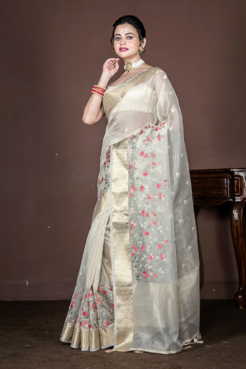 Morchari Beige Banarasi Tissue Computer Embroidery Saree Unstitched Blouse - Distacart