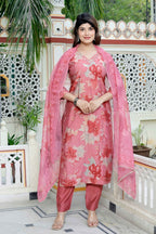 Miravan Women's Muslin Pink V-Neck Embroidered Kurta with Palazzo and Dupatta