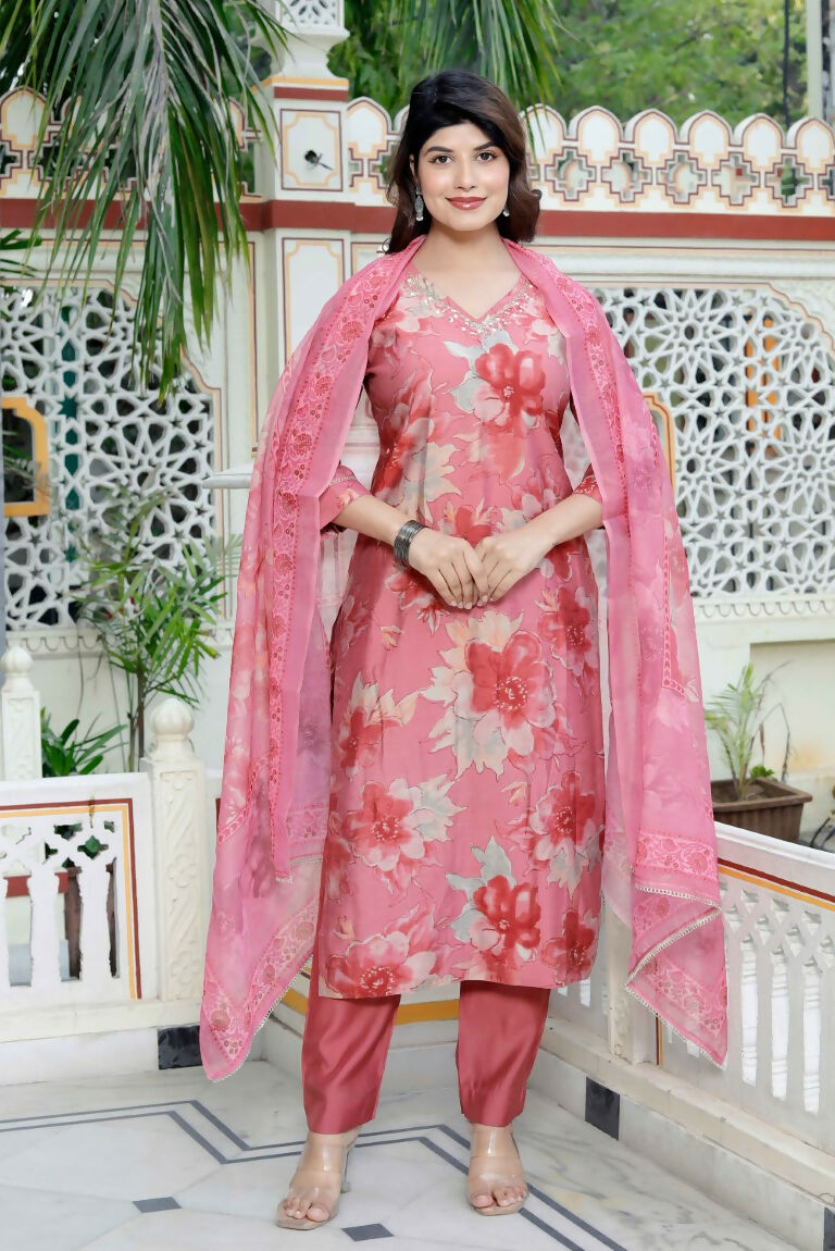 Miravan Women's Muslin Pink V-Neck Embroidered Kurta with Palazzo and Dupatta