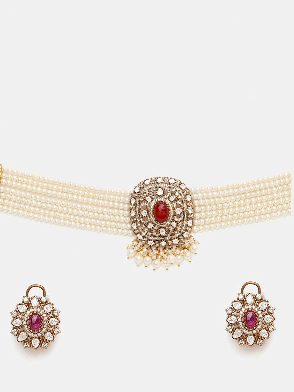 Ruby Raang 22k Gold Polished Pearl And Kundan Necklace With Stud Earrings