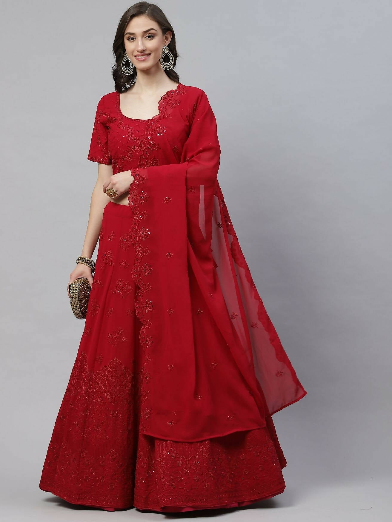 Dark Pink Georgette Thread with Sequins Embroidered work Lehenga Choli with Dupatta - Jivika