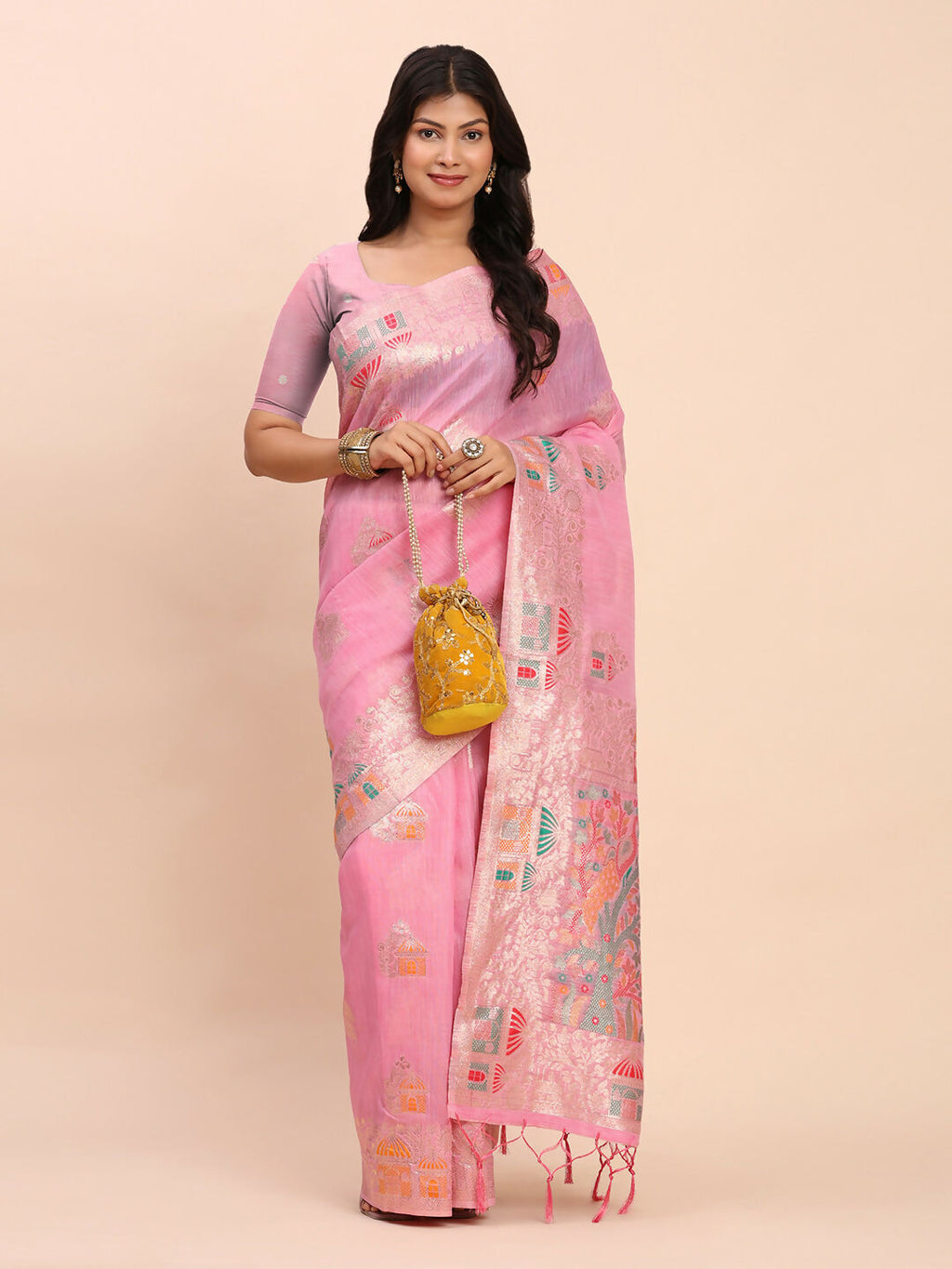 Shree Shyam Fashion Linen Cotton Pink Saree - Distacart