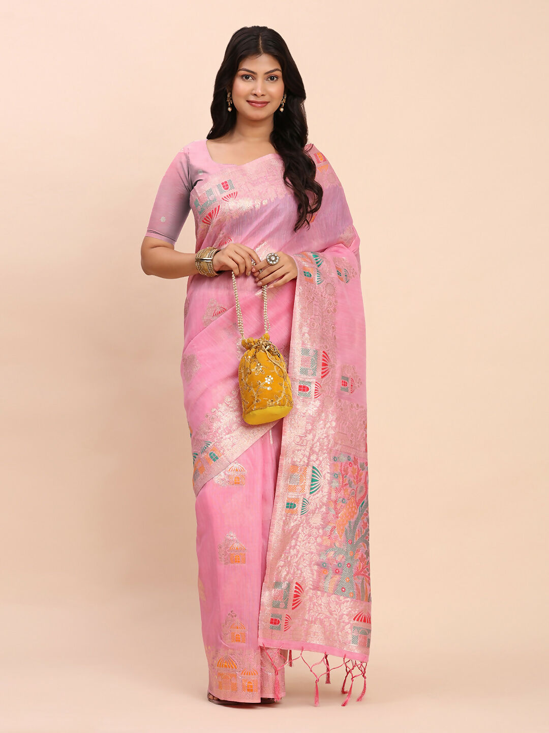 Shree Shyam Fashion Linen Cotton Pink Saree - Distacart