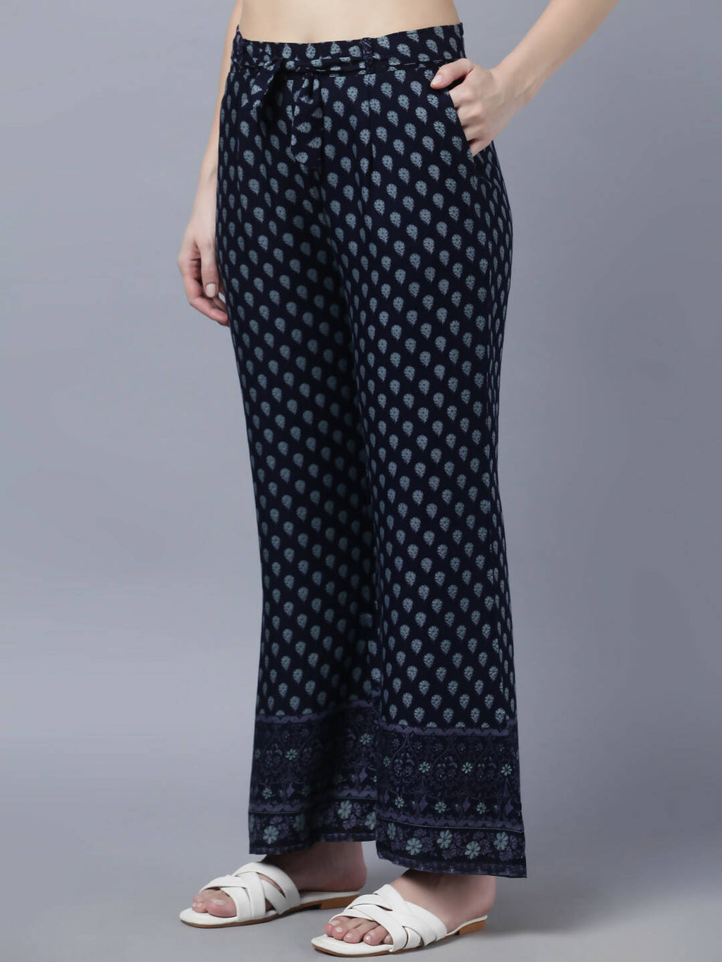 Myshka Women Navy Blue Ethnic Motifs Printed Pure Cotton Top with Palazzos - Distacart