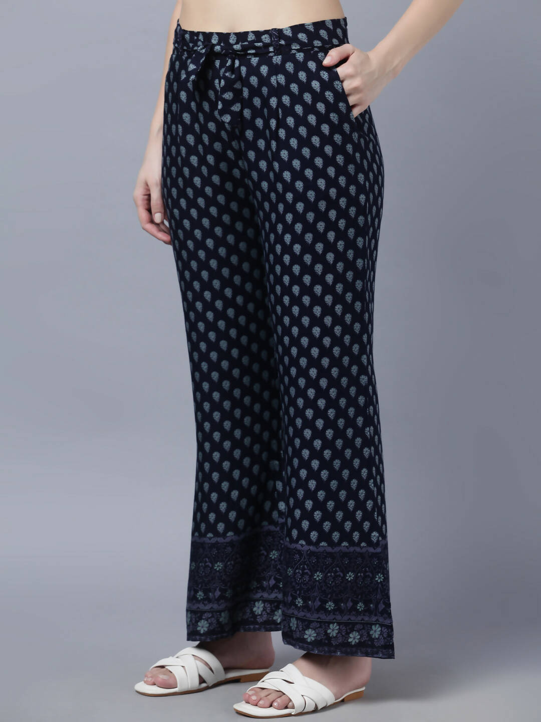 Myshka Women Navy Blue Ethnic Motifs Printed Pure Cotton Top with Palazzos - Distacart