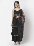 Myshka Women Black Rayon Solid Sleeveless Round Neck Kurta With Sharara & Dupatta Set