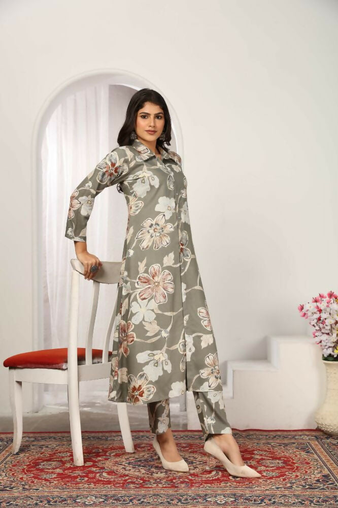 Jyoti Fashion Women's Grey Chanderi Silk Floral Print with Side Pocket Kurtis & Sets