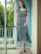 Souchii Teal & Blue Floral Printed Fit & Flare Dress
