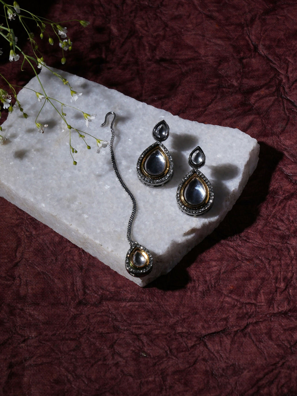 Tear Drop Dual Tone Kundan Maang Tikka with Earrings Jewellery Set (silver) - Ruby Raang