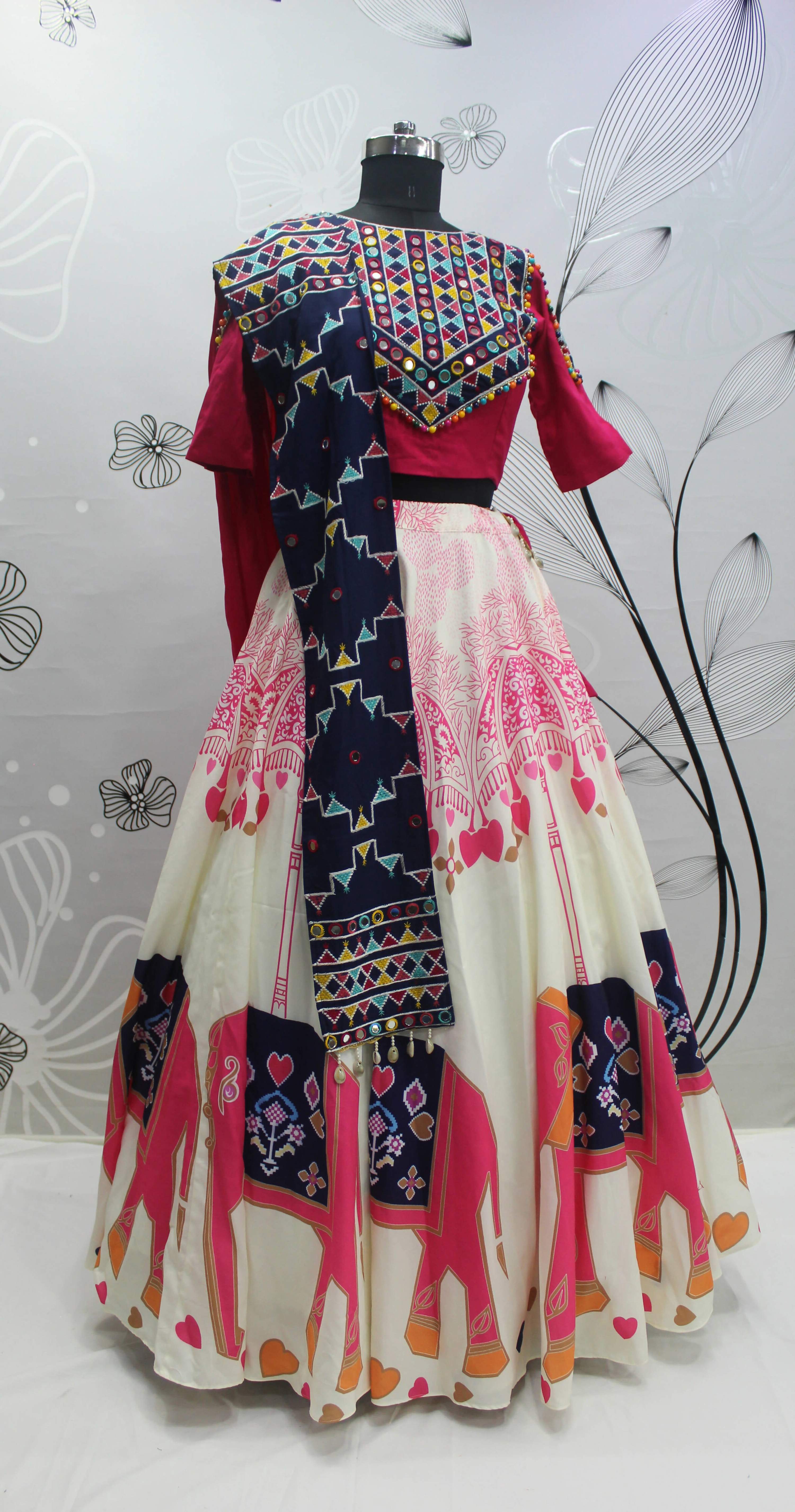 White Rayon Thread Embroidered Navratri Lehenga Choli with Dupatta - Raas