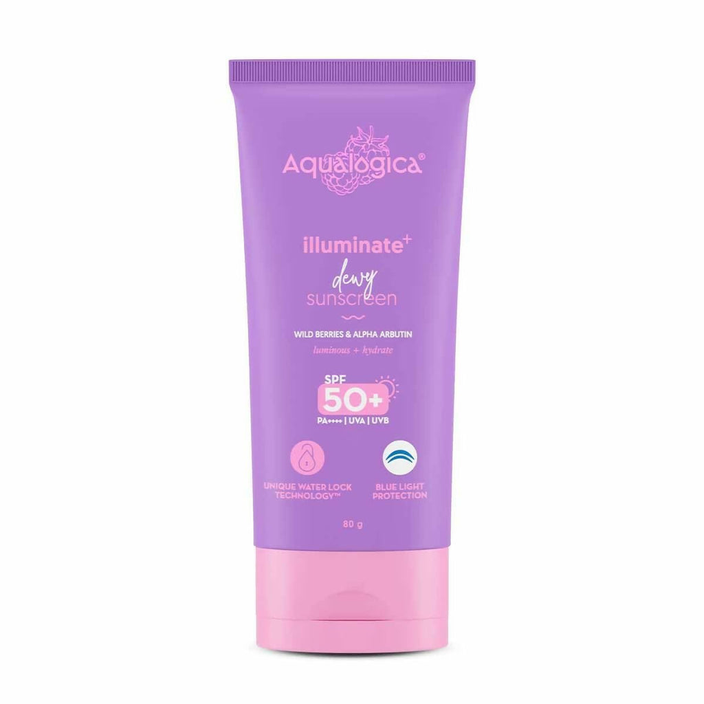 Aqualogica Illuminate+ Dewy Sunscreen SPF 50+ PA++++ with Wild Berries & Alpha Arbutin, Protection Against Uva/B & Blue Light Protection - Distacart