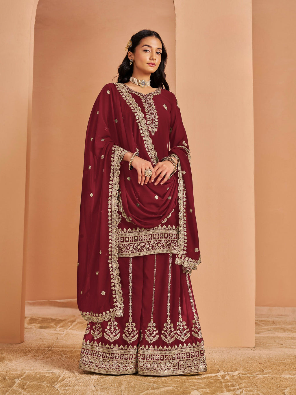 Anaita Maroon Premium Georgette Embroidered Stitched Salwar Suit - Distacart