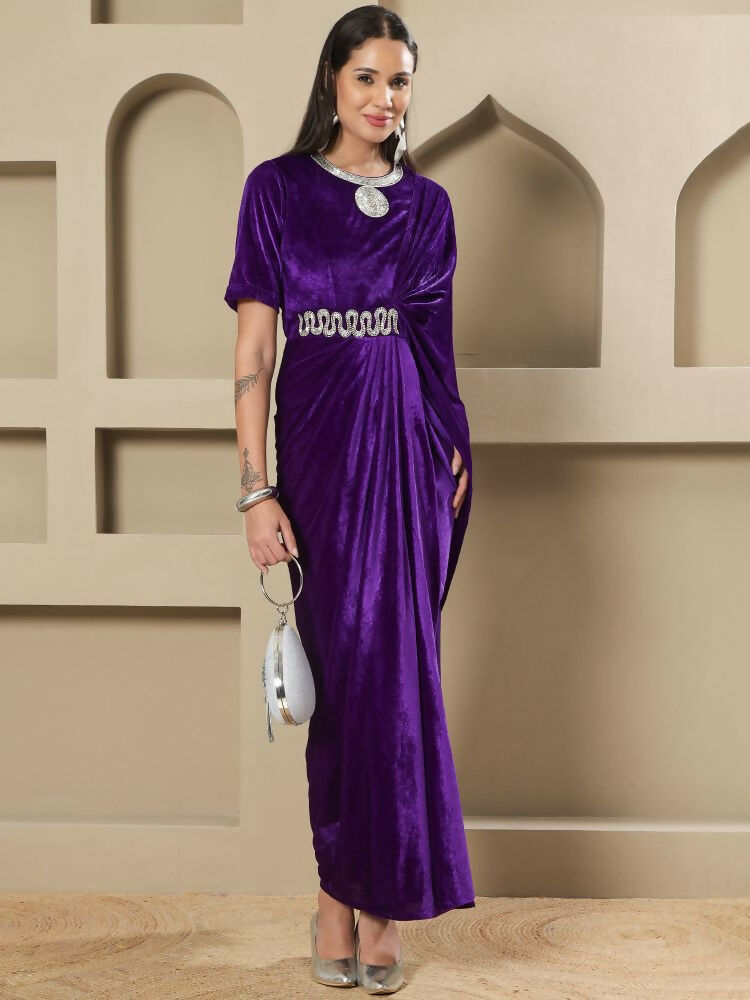 Joban Fashion Women Purple Velvet Hand Embellishment Stitched Dress - Distacart