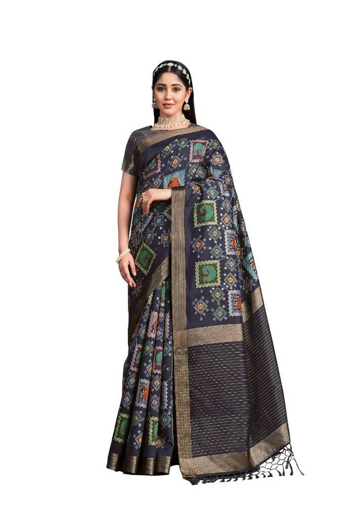 Navy Blue Tusser Silk Geometric Printed Saree With Unstitched Blouse - Mohmanthan Aahana