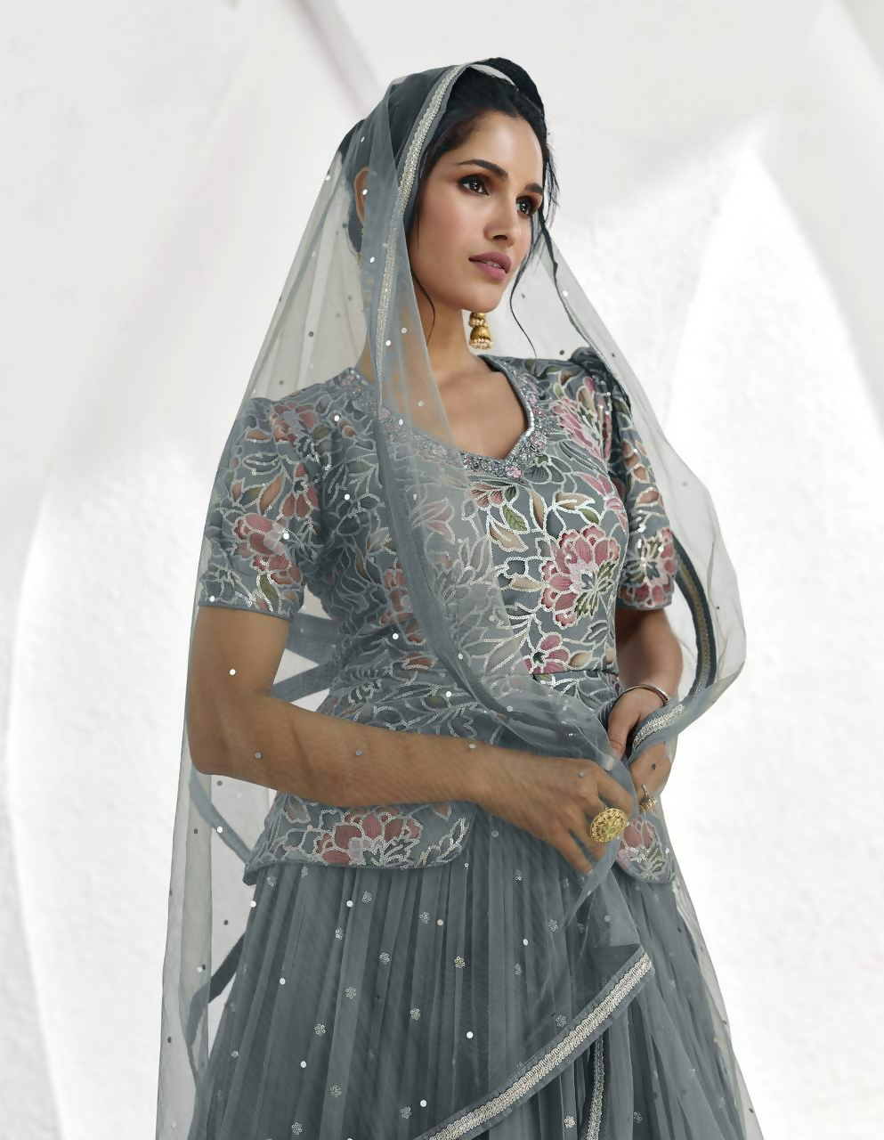 Lorenvalley Fashion Grey Faux Georgette Embroidery with Sequince Work Salwar Lehenga Stitched