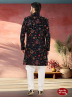 Joban Fashion Men's Blue Base Multi-Colour Straight Velvet Heavy Thread And Sequence Embroidary All Over Indo-Western Kurta Set