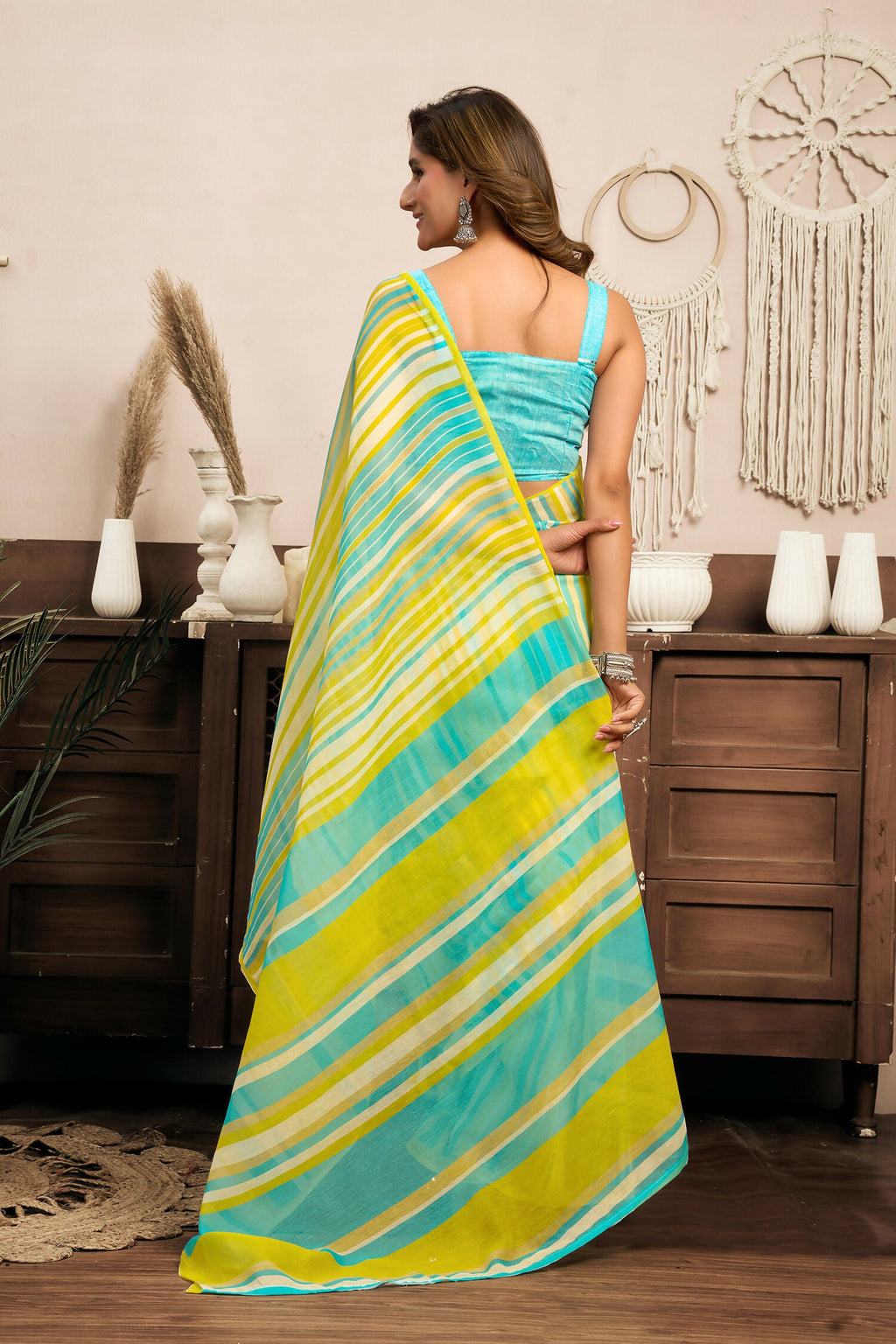 Joban Fashion Yellow Striped (Leheriya) Linen Ready To Wear Saree With Unstitched Blouse - Distacart