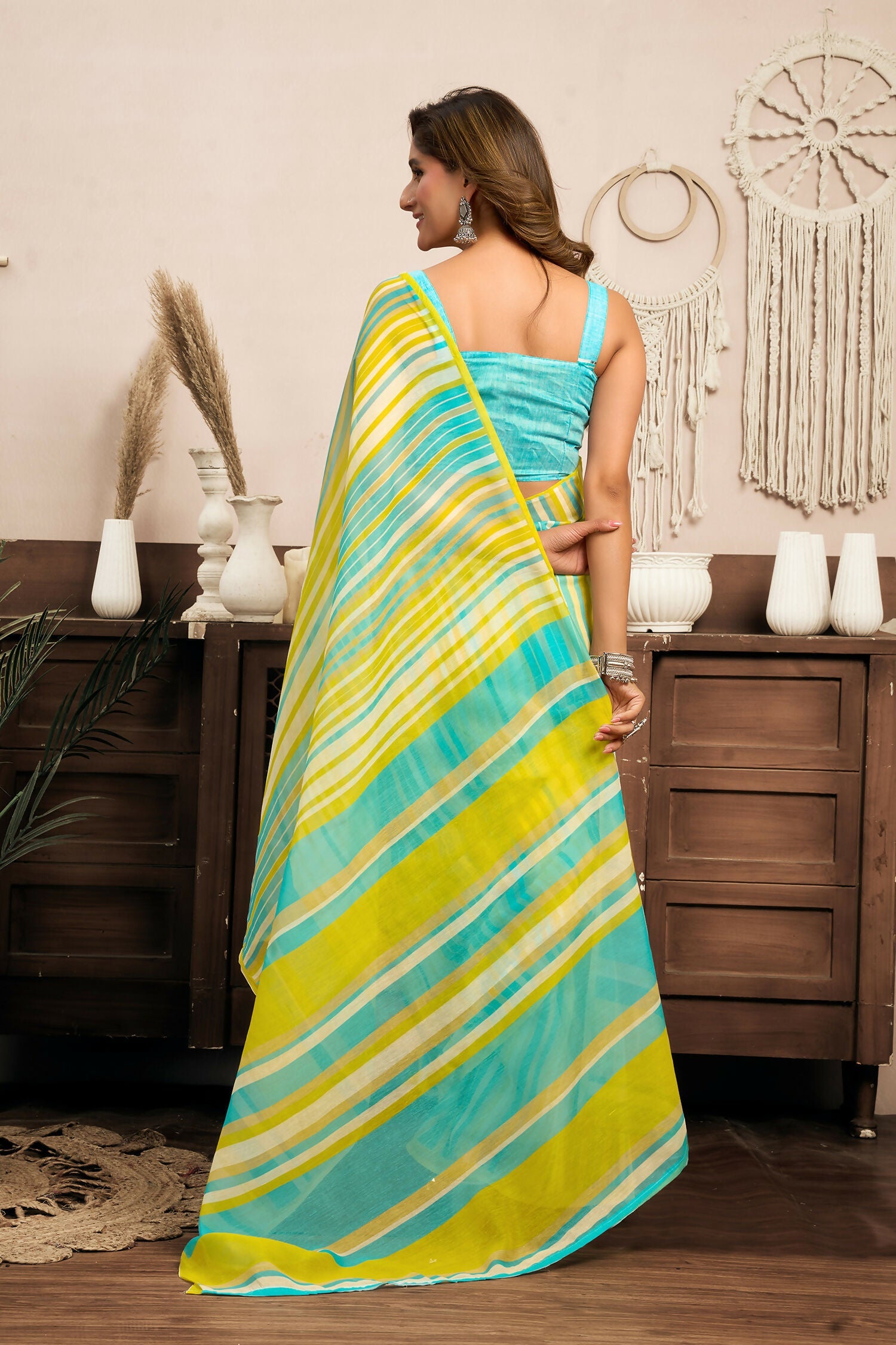 Joban Fashion Yellow Striped (Leheriya) Linen Ready To Wear Saree With Unstitched Blouse - Distacart