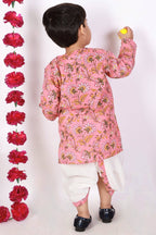 Little Bansi Boys Bengali Kantha work floral kurta & Dhoti - Pink & White