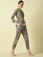 Myshka Women's Multi Shawl Neck Coat With Trousers