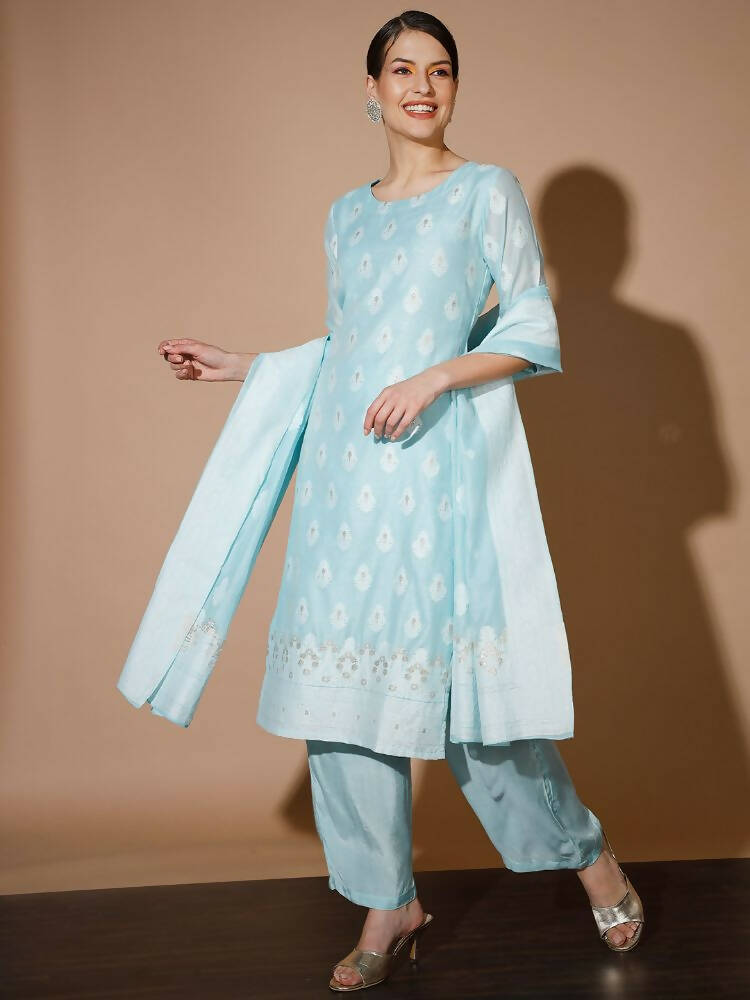 Myshka Women Blue Printed Kurta & Palazzos With Dupatta - Distacart