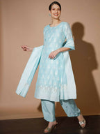 Myshka Women Blue Printed Kurta & Palazzos With Dupatta - Distacart