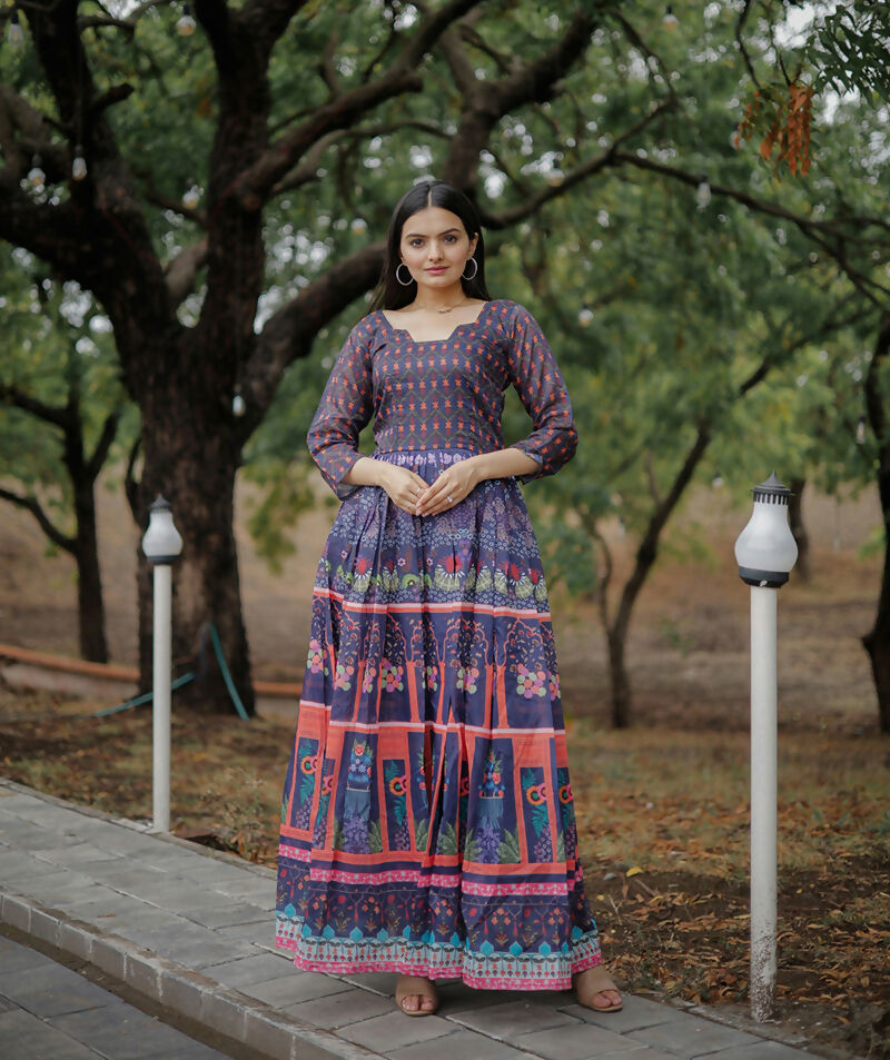 Aayaa Pure Chanderi Gown With Heavy Digital Print - Multi Color - Distacart