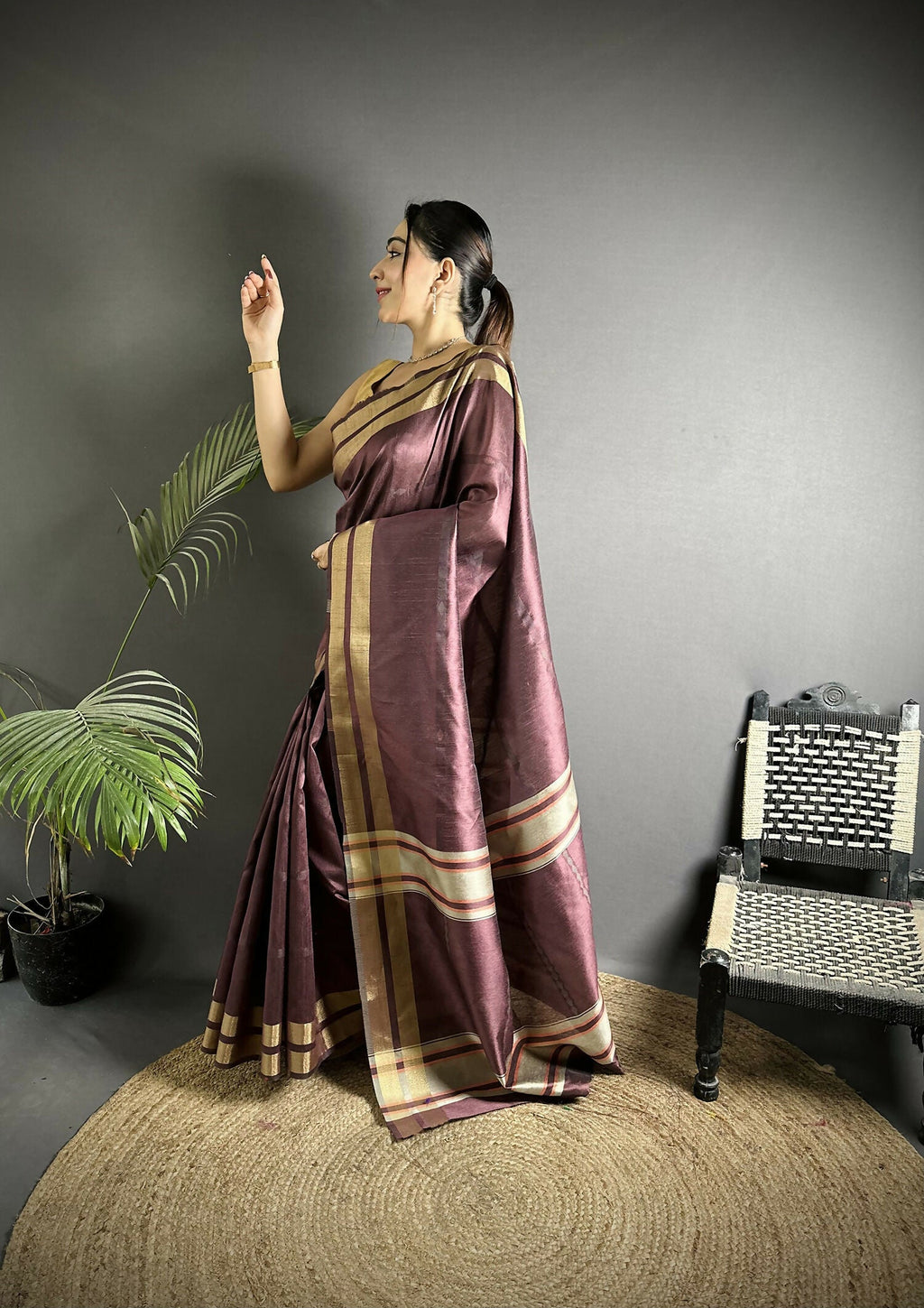 Joban Fashion Wine Woven Pattern Raw Silk Kanjivaram Silk Saree - Distacart