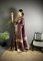 Joban Fashion Wine Woven Pattern Raw Silk Kanjivaram Silk Saree - Distacart
