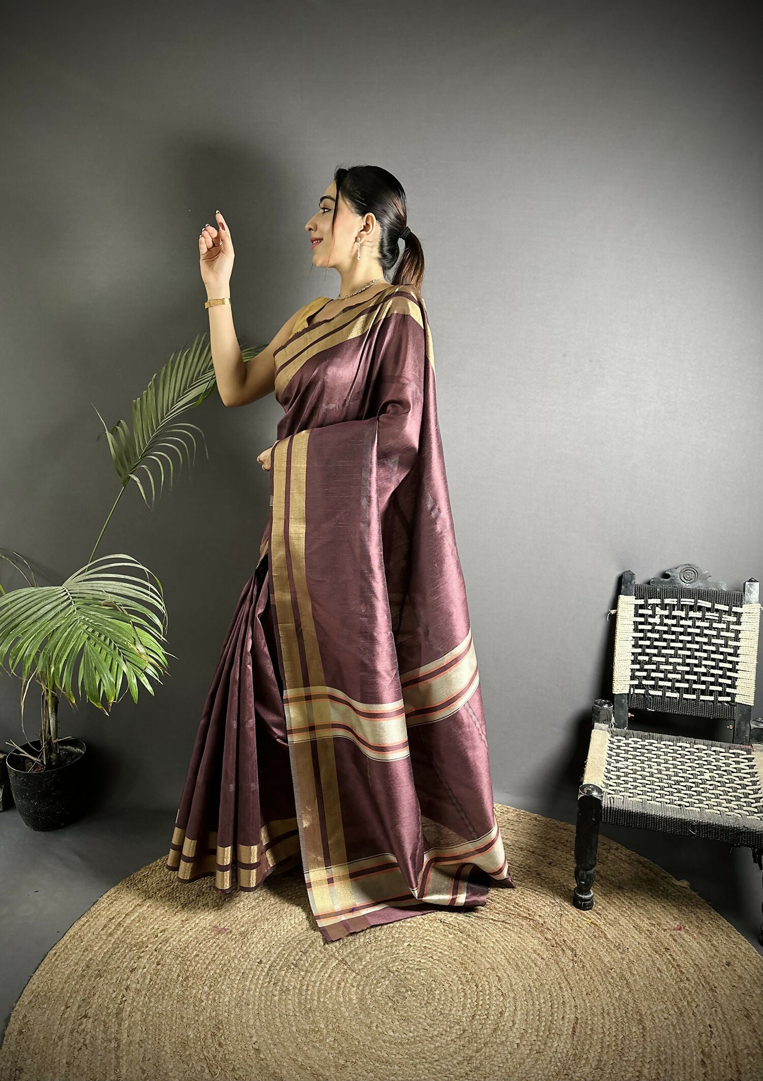 Joban Fashion Wine Woven Pattern Raw Silk Kanjivaram Silk Saree - Distacart