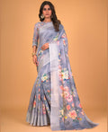 Grey Cotton Silk Floral Printed Saree With Unstitched Blouse Piece - Akshita