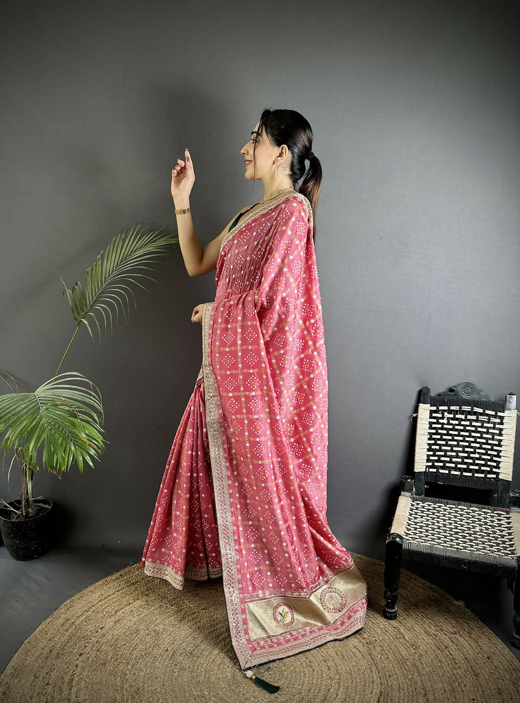 Joban Fashion Dusty Pink Bandhej Bandhani Vichitra Silk Bandhani Prints Saree - Distacart