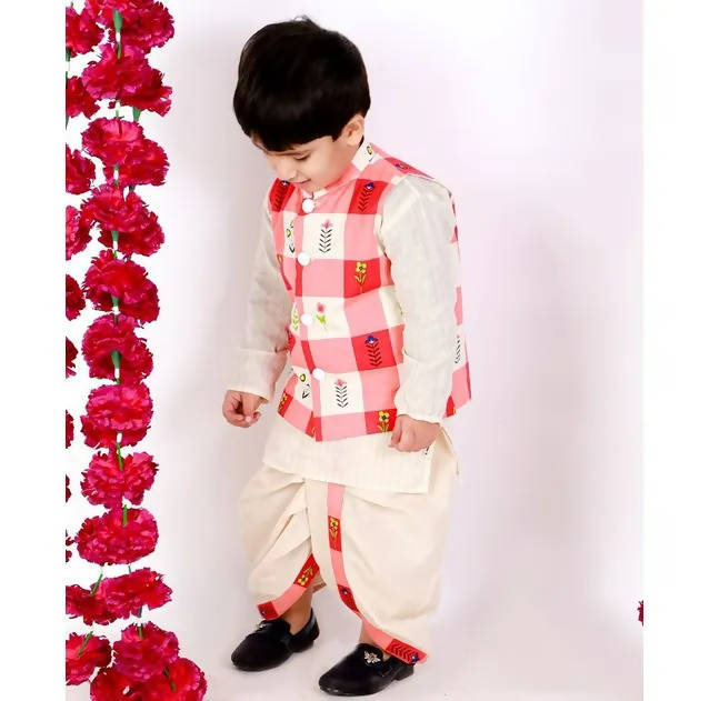 Little Bansi Boys Cream Color Floral Check Jacket with Kurta and Dhoti