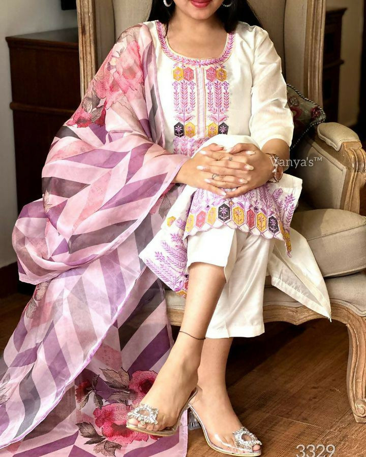The52 Off White Women's Gorgeous Embroidered Viscose Chanderi Fabric Straight Kurta Pant with Dupatta Set - Distacart