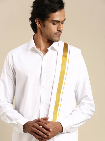 Ramraj Cotton Mens Premium Wedding Cotton White Dhoti with shirt Bit & Towel Set