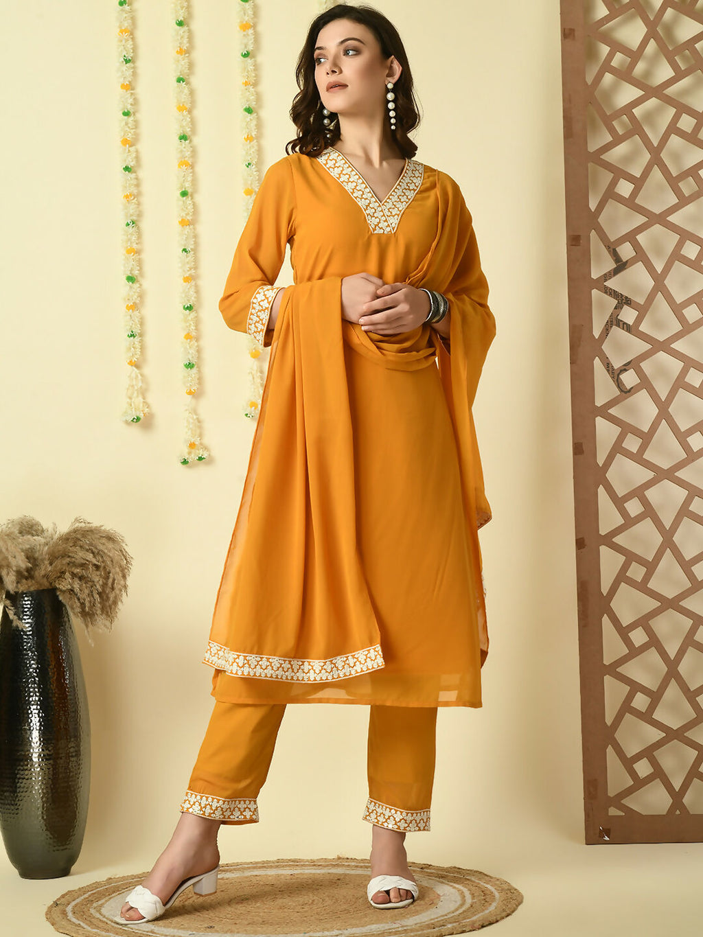 Myshka Women's Mustard Georgette Kurta & Trousers With Dupatta Party Sets