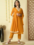 Myshka Women's Mustard Georgette Kurta & Trousers With Dupatta Party Sets