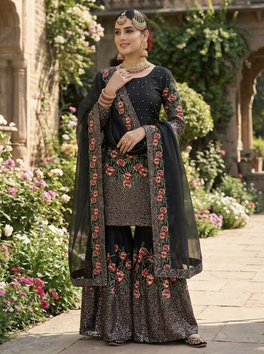 Teeya Creation Black Fendy Silk Heavy Embroidery Work Party Wear Sharara Suit - Distacart