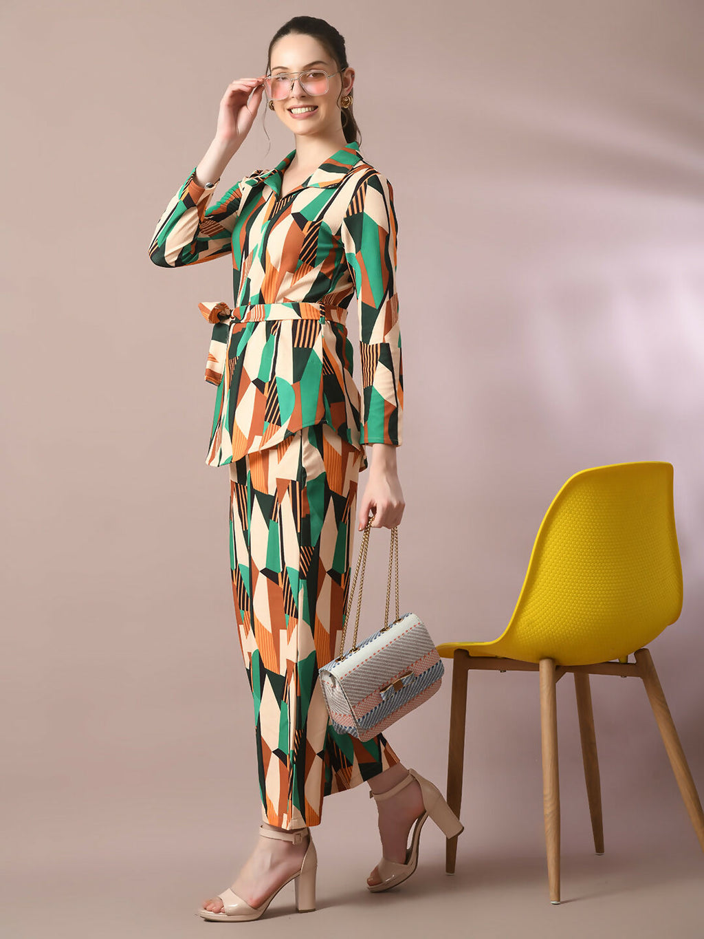 Myshka Women's Multi Printed Polo Collar Party Top With Trousers Co-ord set