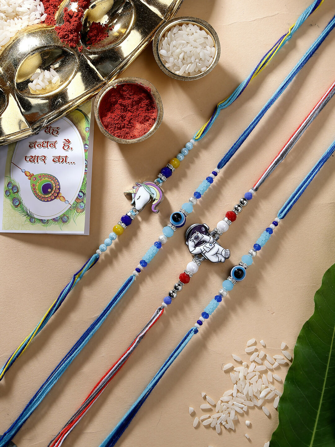 NVR Kids Set of 4 Multicolor Evil Eye & Artificial stone and beads Rakhi With Roli Chawal - Distacart