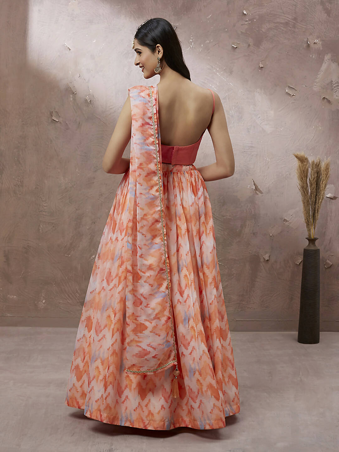 House of Panchhi Peach Organza Floral Printed Lehenga choli & Dupatta