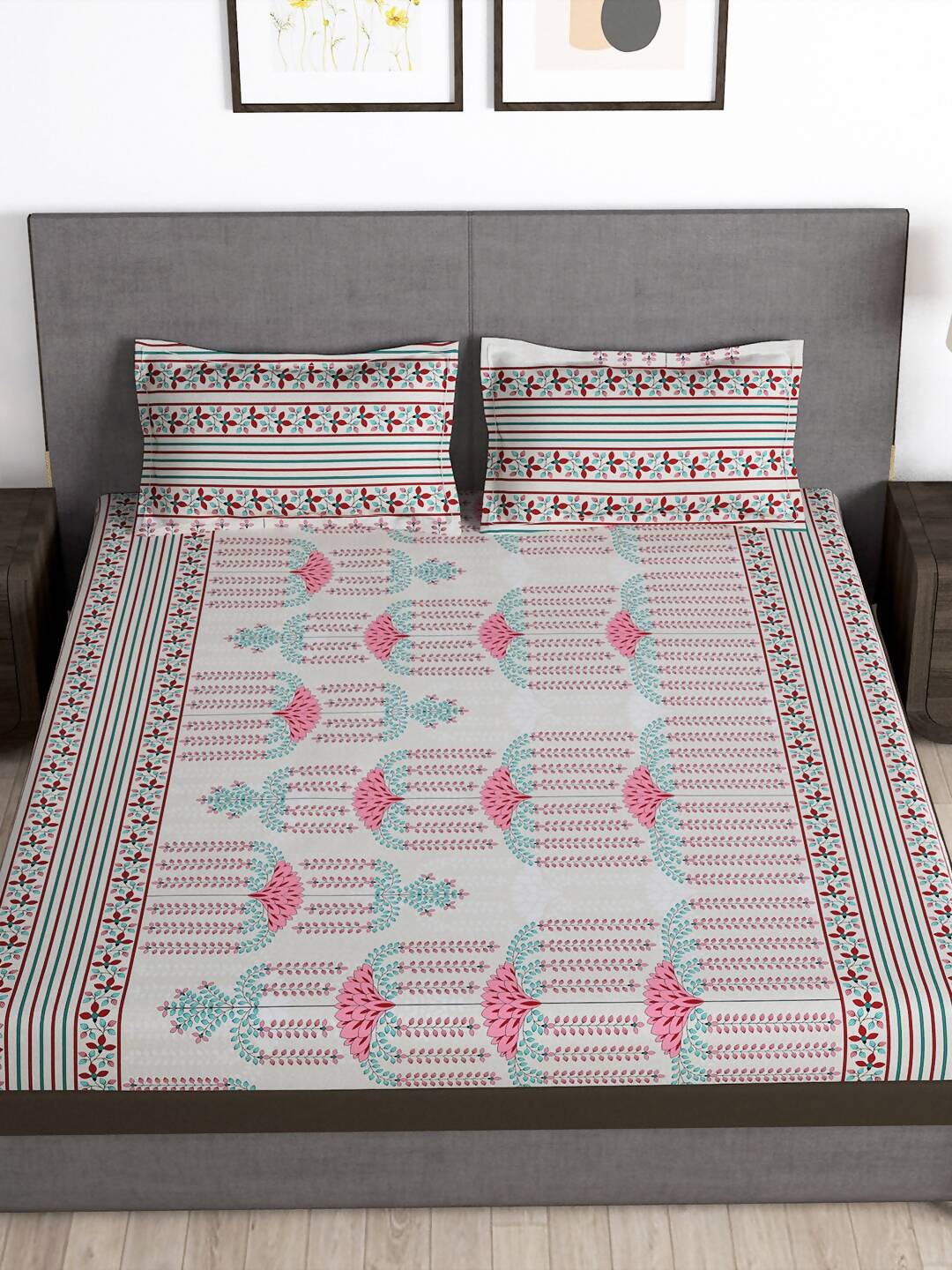 Story@home Grey & Pink Ethnic Motifs 180 TC Bedsheet with Pillow Cover - Distacart