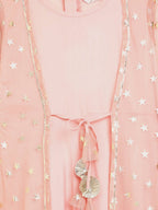 Ahalyaa Pink Crepe & Net Foil Print Kids Dress For Girls