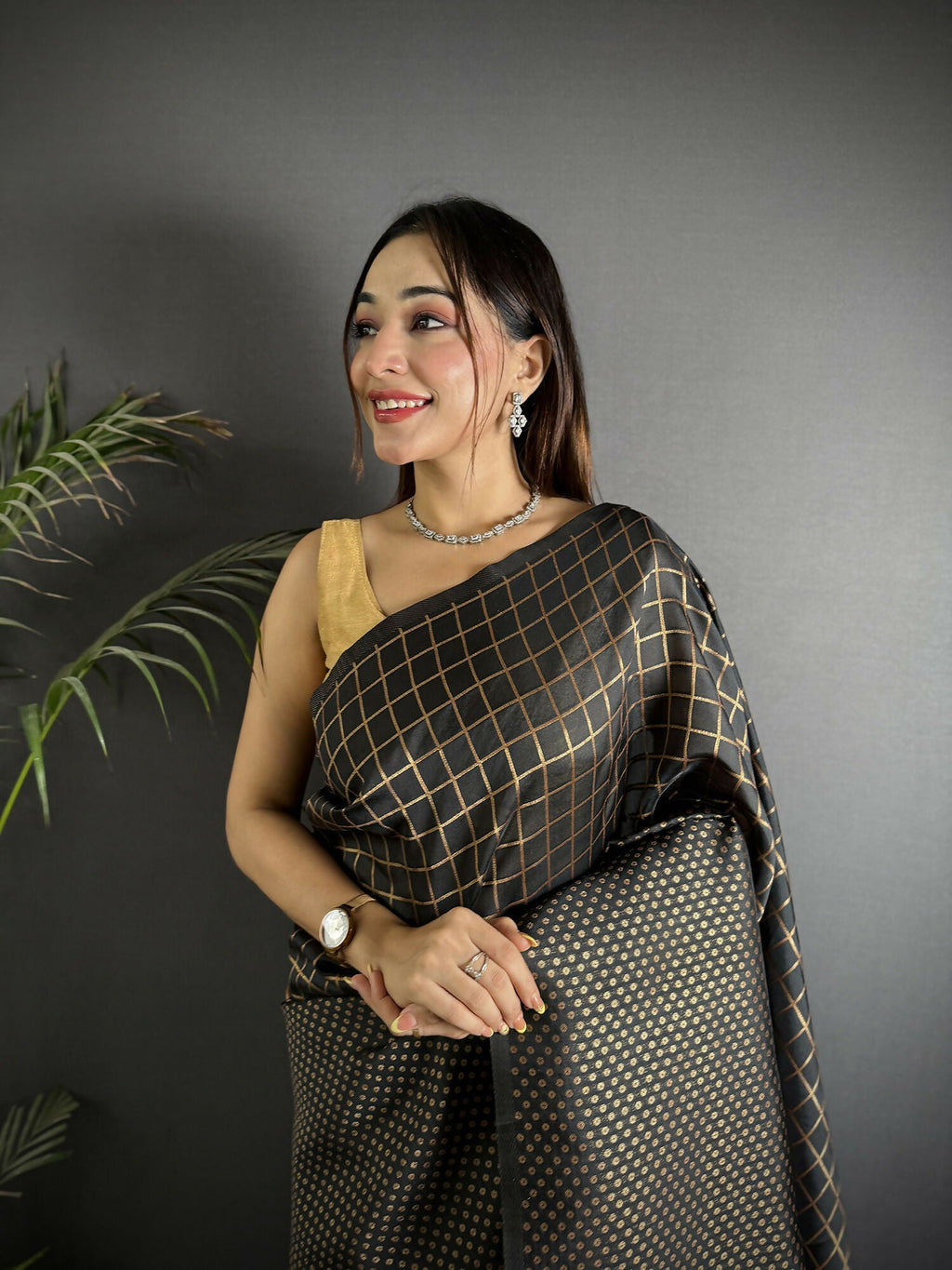 Joban Fashion Black Banarasi Soft Lichi Silk Checks & Woven Saree - Distacart