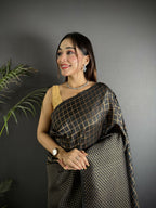 Joban Fashion Black Banarasi Soft Lichi Silk Checks & Woven Saree - Distacart