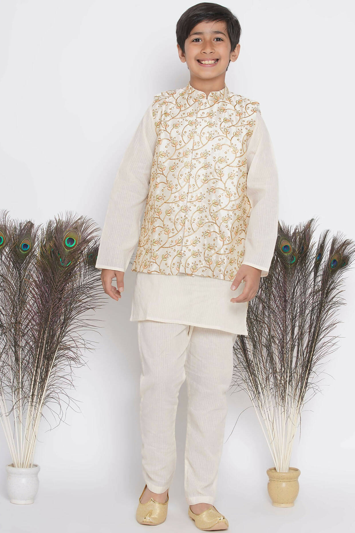 Little Bansi Banarsi Silk Floral Embroidery Jacket with Cotton Kantha kurta and Kantha Pyjama - Cream